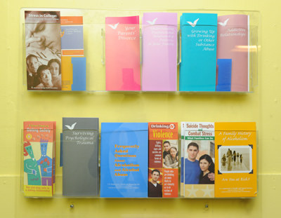 A display of health and wellness pamphlets