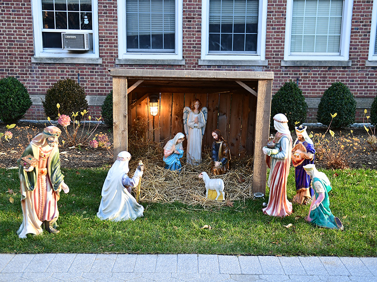 Nativity scene outside Miguel Hall on campus