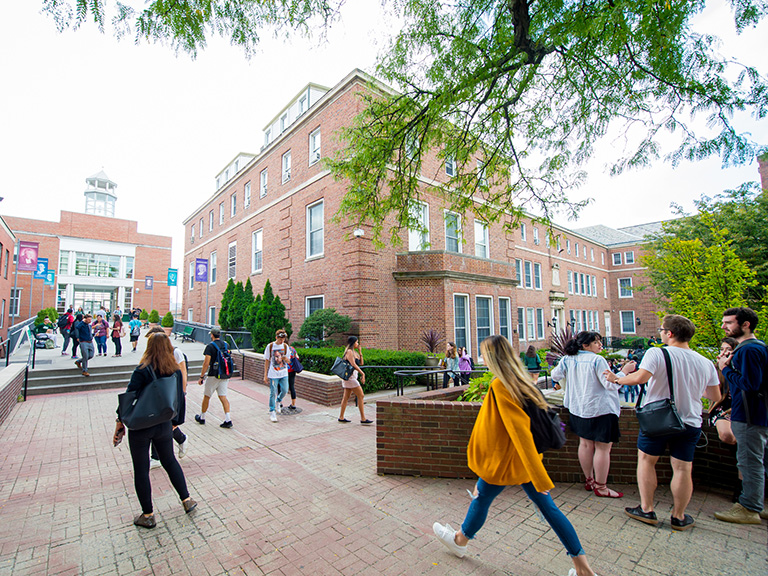 Students walking toward O'Malley Library